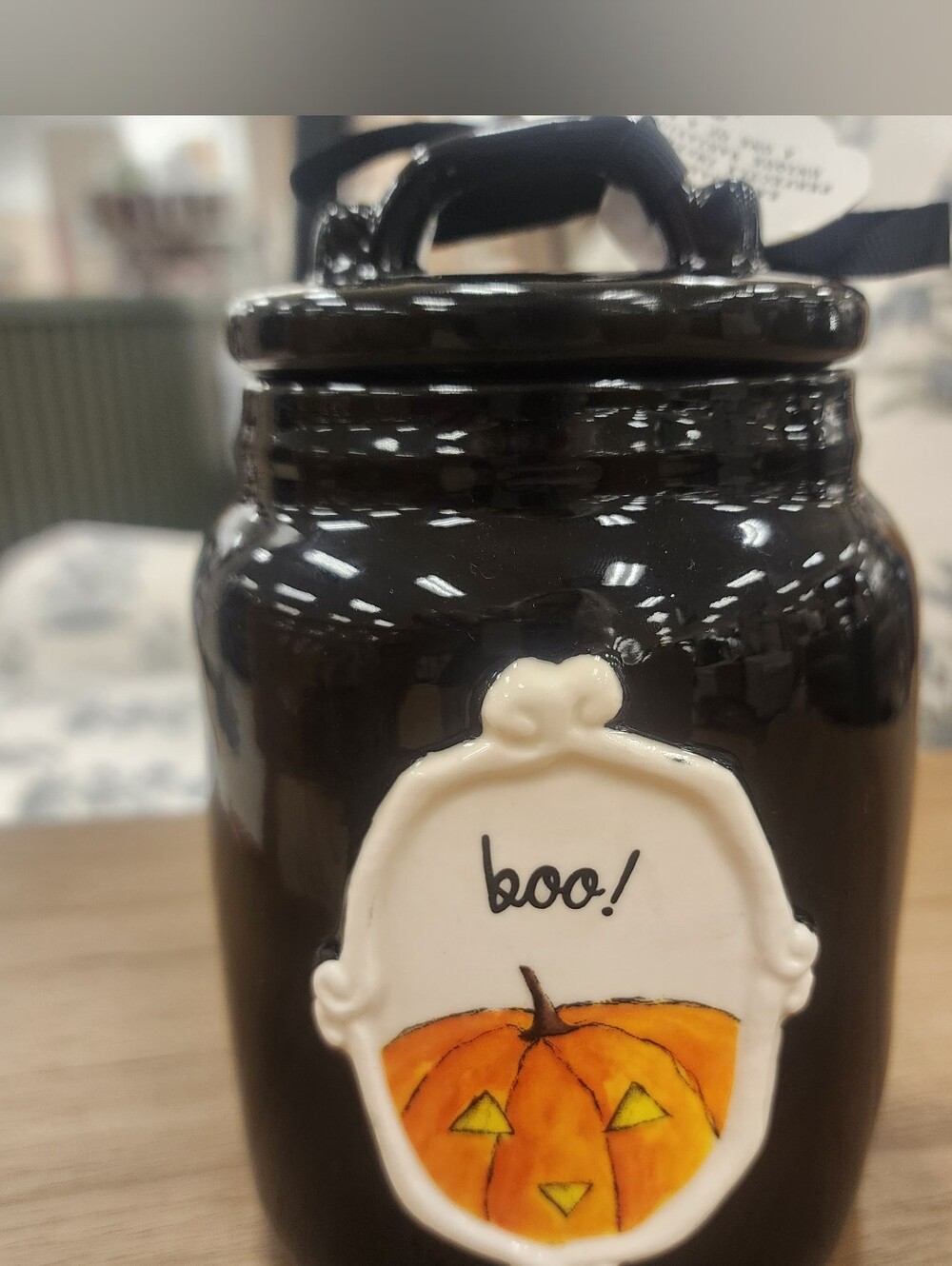 Rae Dunn Black Halloween Ceramic Canister with Pumpkin 'Boo!' Accent
